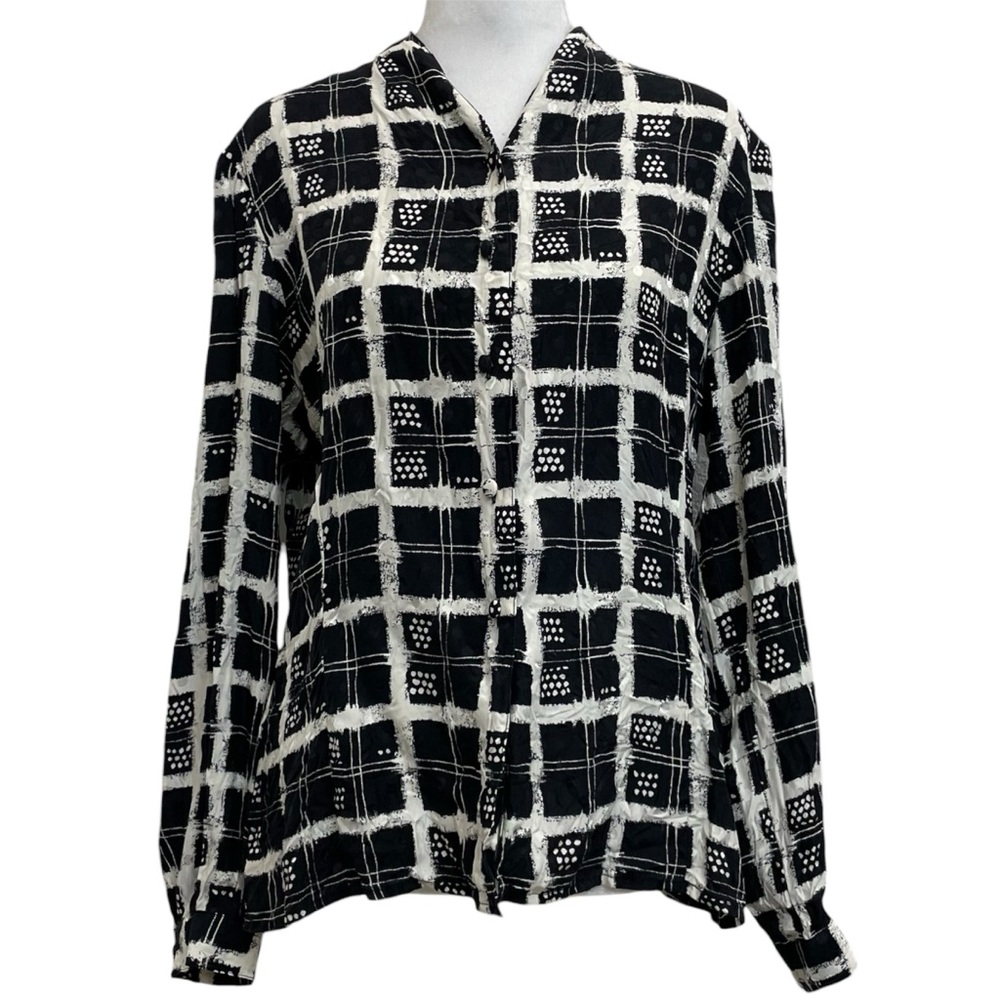 Jacqueline Ferrar Vintage 80s 100% Silk Black Plaid & Polka Dot Button Up Blouse